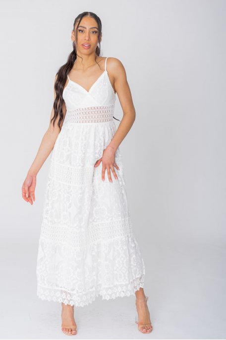Langes Kleid aus Spitze mit Trägern weiß