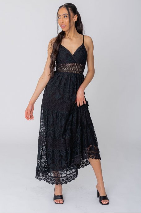 Langes Kleid aus Spitze mit Trägern schwarz