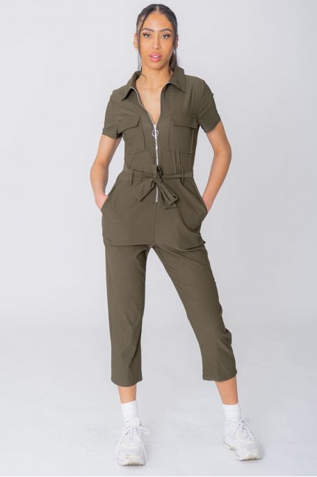 Khaki short sleeve zip suit