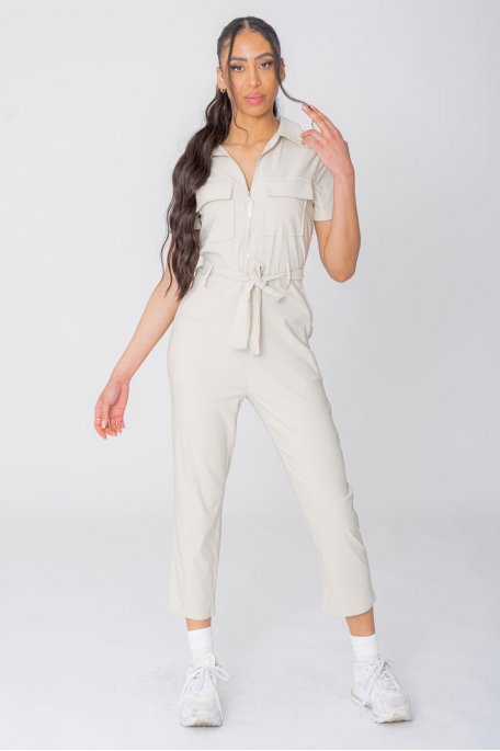 Short sleeve zip suit beige