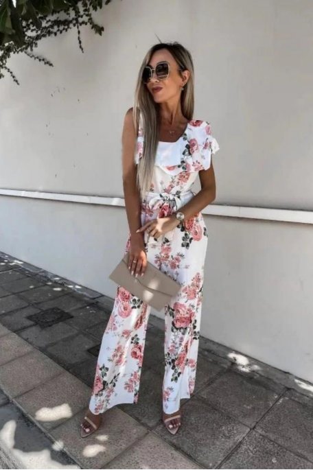 White asymmetrical floral jumpsuit