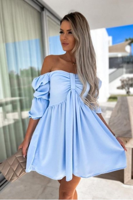 Kurzes Kleid mit Bardot-Ausschnitt fließend blau