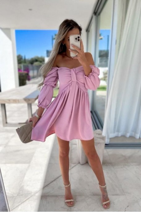 Kurzes Kleid mit Bardot-Ausschnitt fließend rosa