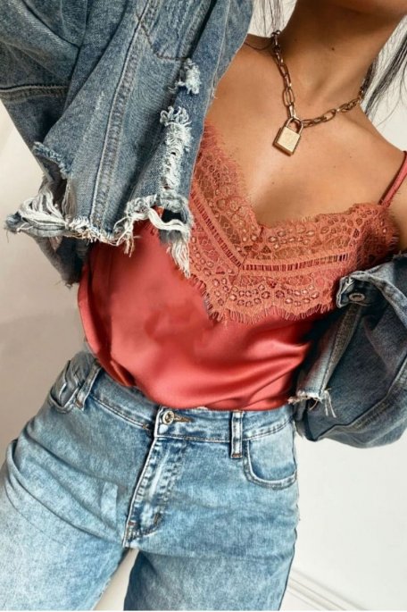 Tanktop mit Satin-Spitze rosa