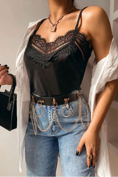 Tanktop mit satinierter Spitze schwarz