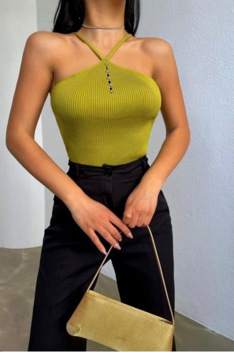 Green ribbed button-down crop top