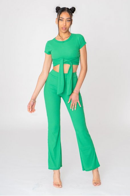 Ribbed set with green bow tee