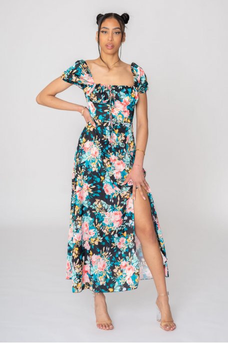 Long dress with floral bardot collar, black