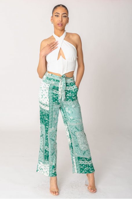 Pantalon fluide motif bandana vert
