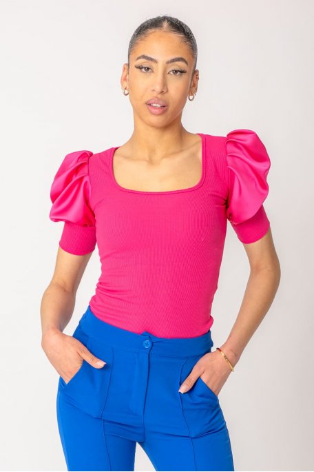 Pink ribbed puffy shoulder top