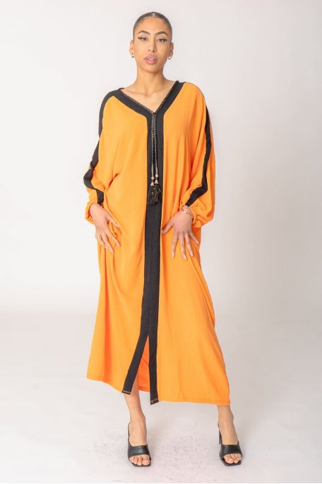 Robe longue Abaya fendue détails dorés orange