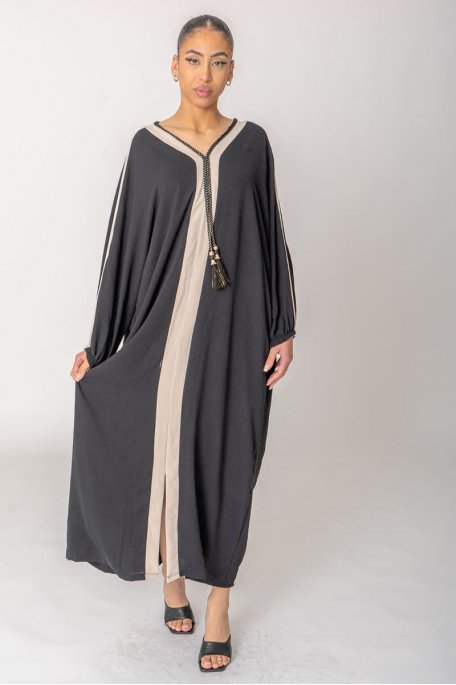 Robe longue Abaya fendue détails dorés noir