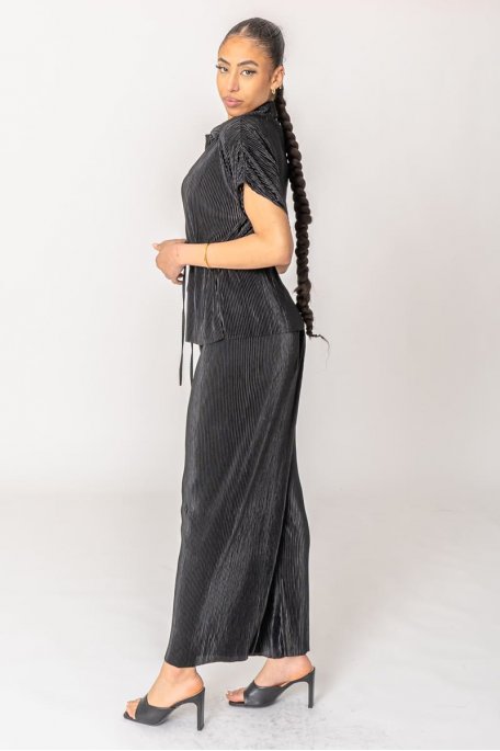 Set short sleeve fluid pleated satin black