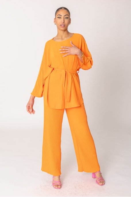 Ensemble manches longues et pantalon plissé orange