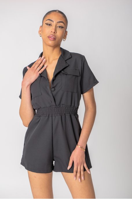 Shirt style jumpsuit with pockets black