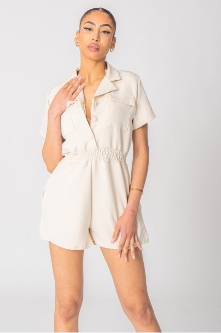 Beige shirt style jumpsuit with pockets