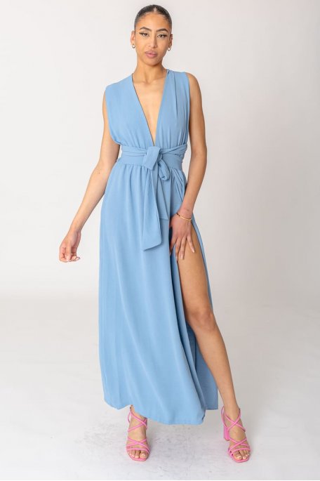 Langes, durchbrochenes, fließendes Kleid zum Binden blau
