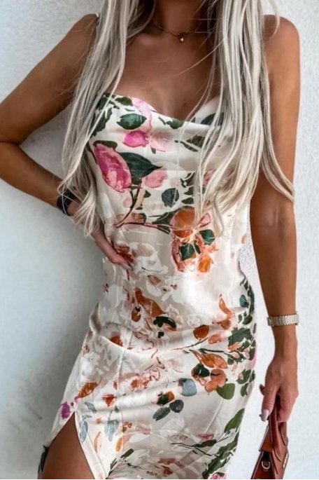 Beige floral satin dress with slit
