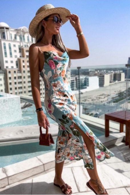 Kleid aus Satin mit Blumenmuster türkis
