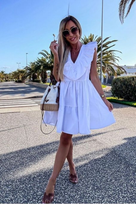 Robe courte volantée dos nu blanc
