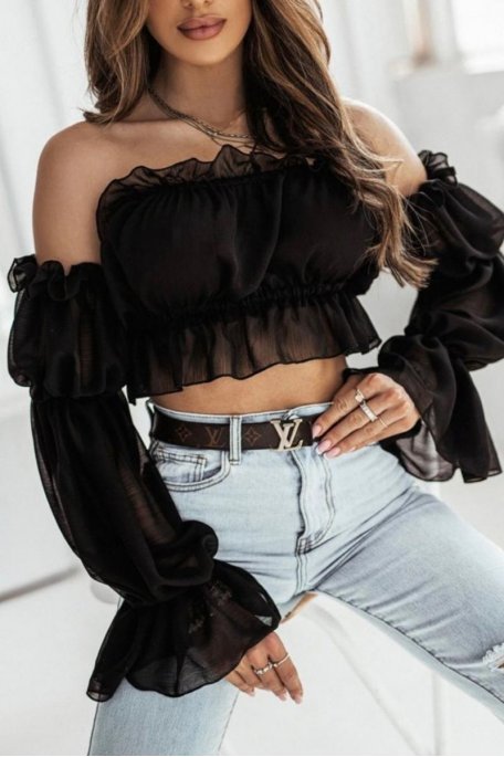 Crop Top Bardot-Kragen Rüschen fließend schwarz