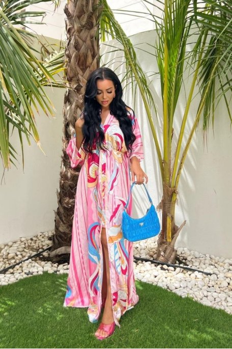Long satin dress kimono style with pink pattern