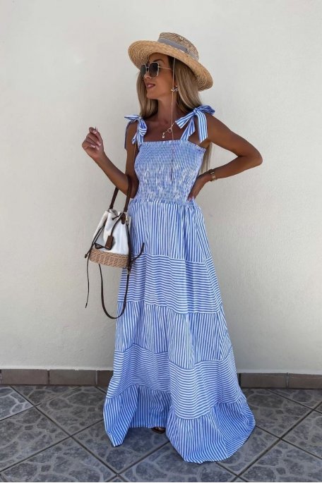 Striped long dress with blue bow straps