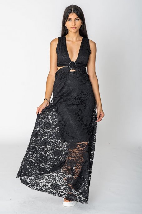 Black lace openwork sleeveless long dress