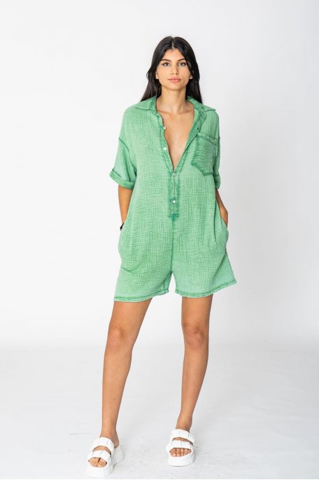 Loose-fitting green cotton gauze jumpsuit