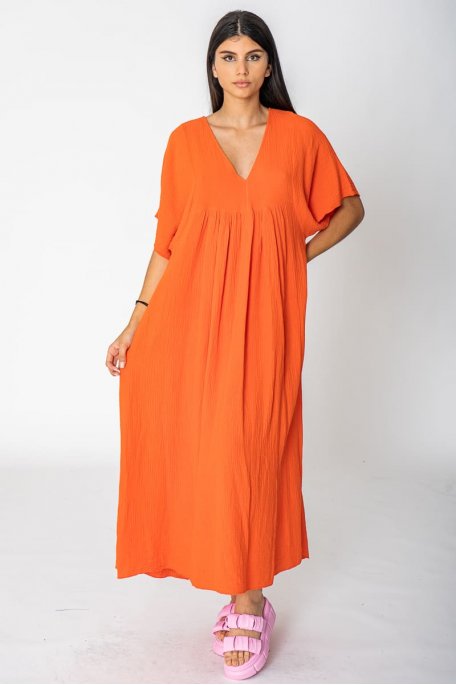 Robe longue coton manches courtes orange