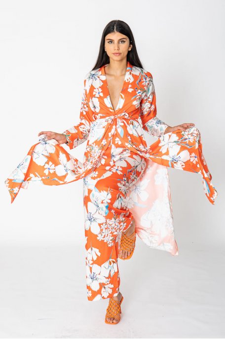 Ensemble kimono long fleuri orange