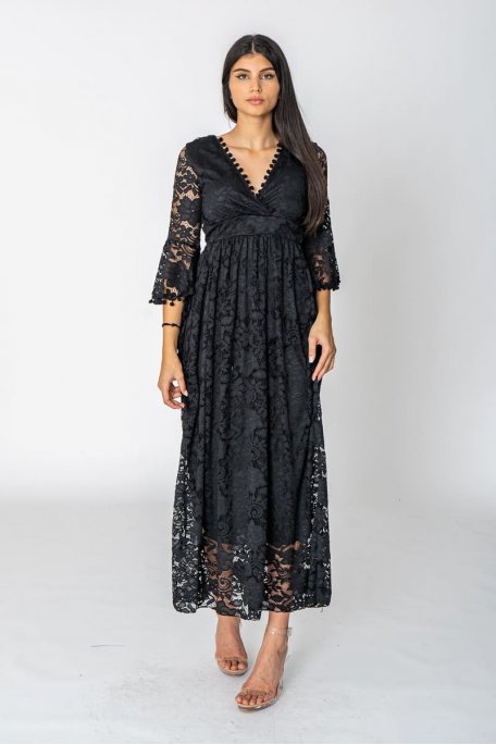 Robe longue dentelle cache-cœur noir