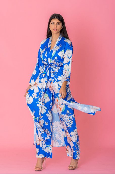 Ensemble kimono long fleuri bleu