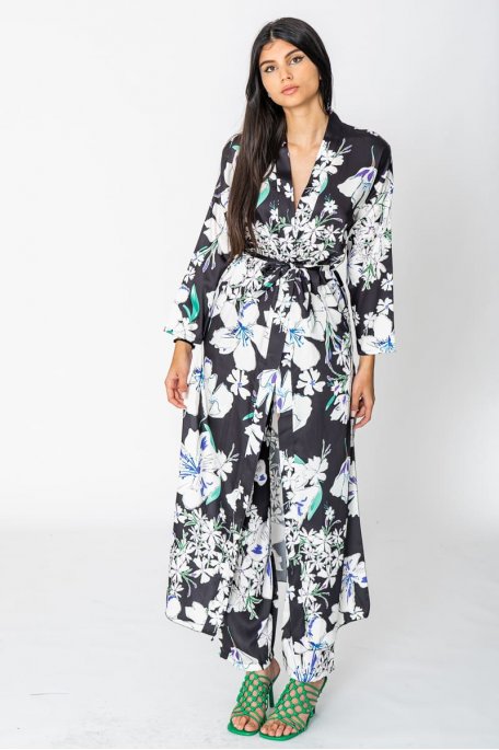 Ensemble kimono long fleuri noir