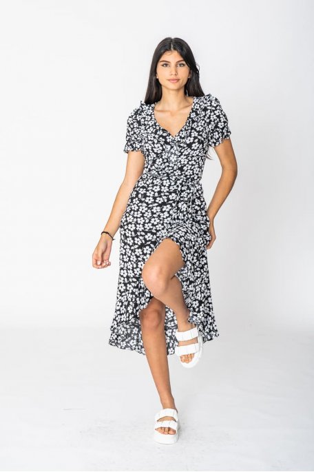 Black floral wrap dress