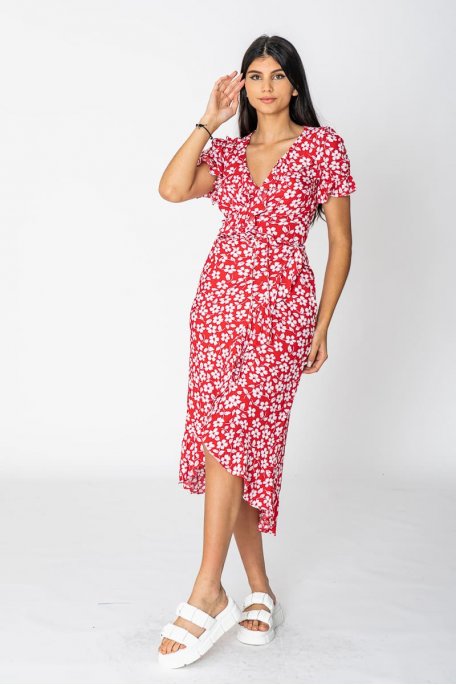 Red floral wrap dress