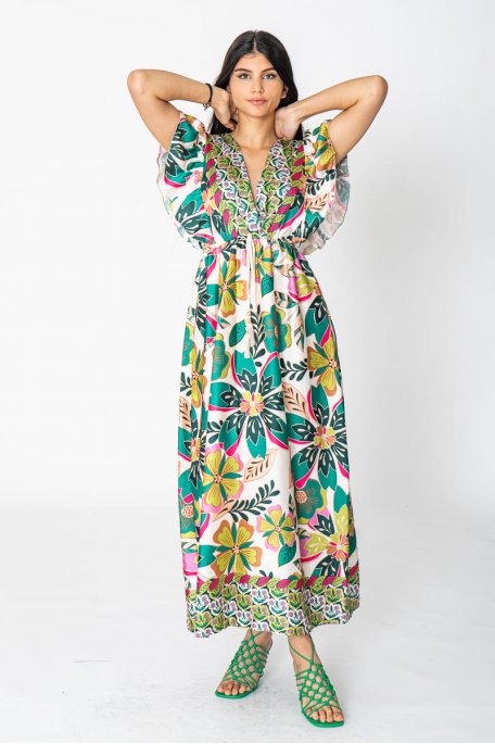 Robe longue col V motif dos-nu vert