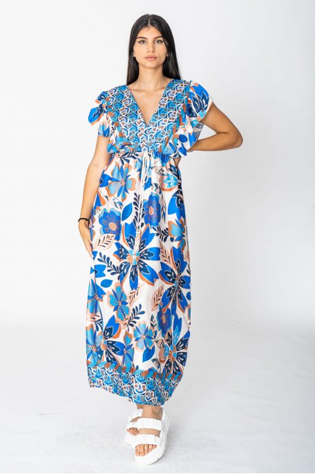 Robe longue col V motif dos-nu bleu