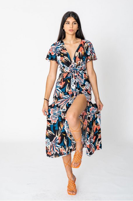 Floral long dress with short sleeves blue