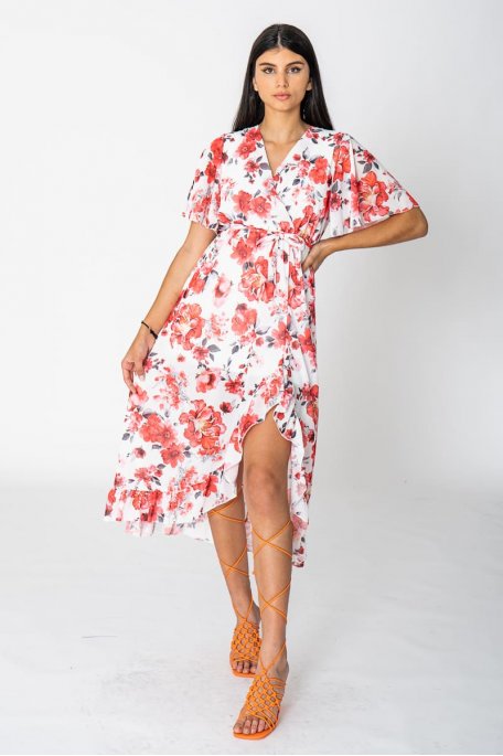 Robe longue fleurie cache-cœur blanc