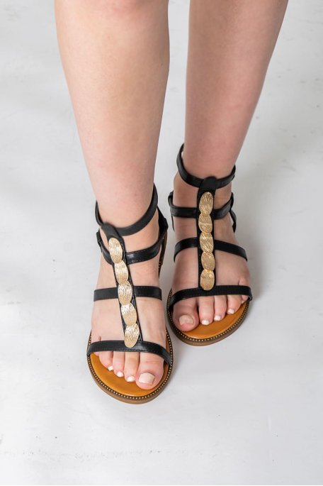 Flache Sandalen Blatt gold Riemchen schwarz