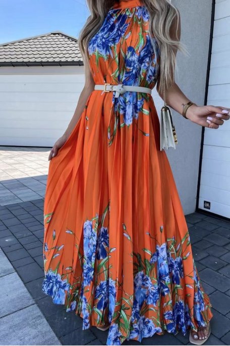 Langes Kleid mit Blumenmuster Satin plissiert ärmellos orange