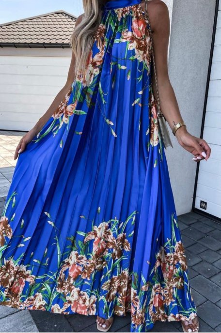 Langes Kleid mit Blumenmuster Satin plissiert ärmellos blau