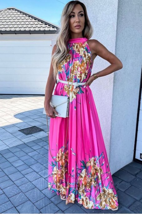 Robe longue fleurie satinée plissée sans manches fuchsia