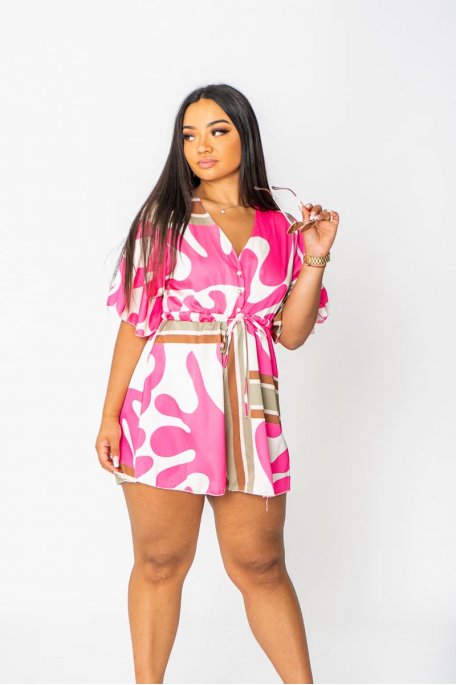 Combishort col V à motif abstrait rose