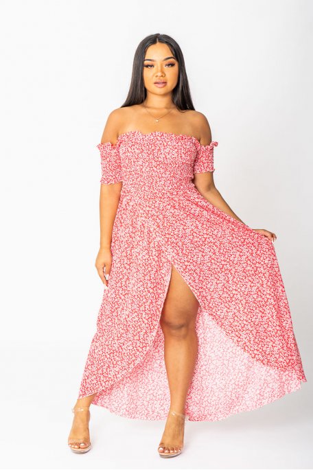 Robe longue col bardot à motif fleuri fendue rouge