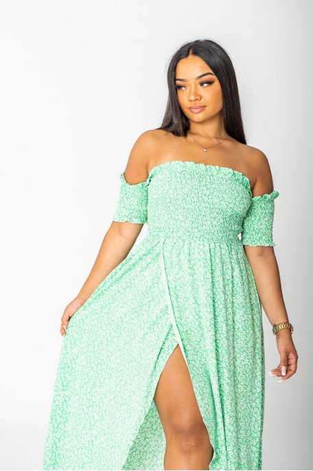 Langes Kleid mit Bardot-Kragen und Blumenmuster geschlitzt grün