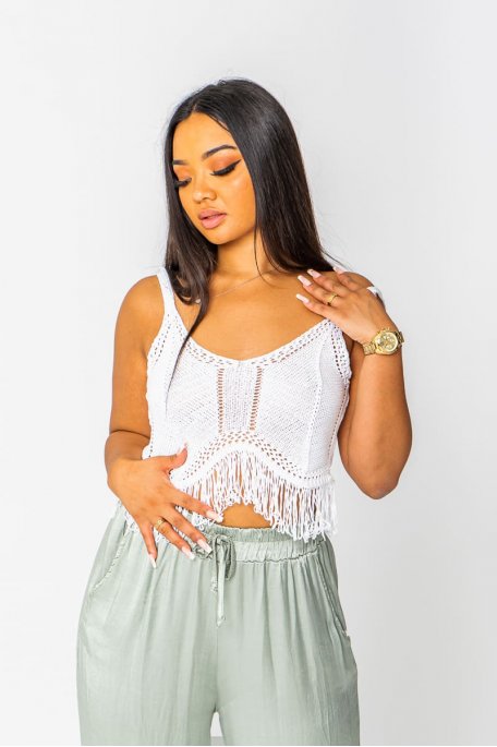 Crop top débardeur maille franges blanc