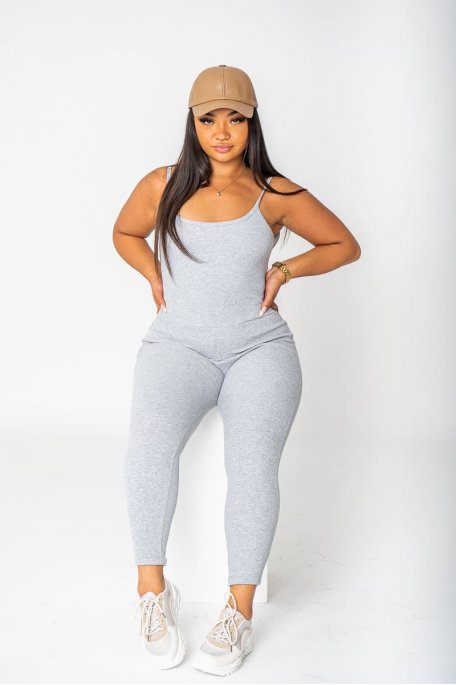 Grey ribbed jumpsuit with thin straps