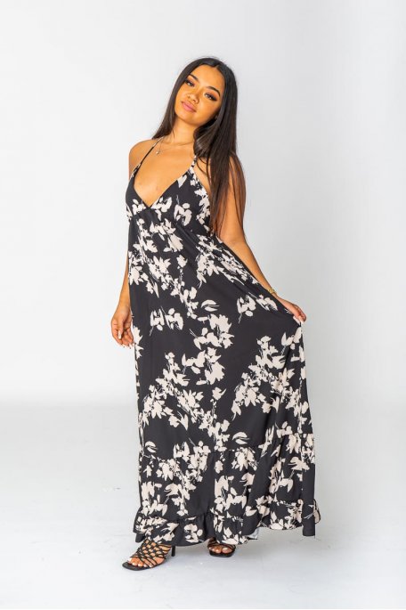 Robe longue à motif feuille noir